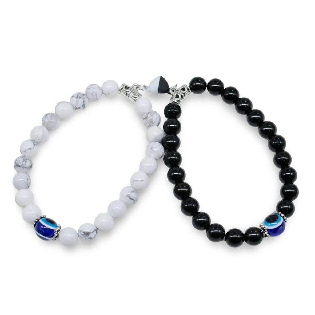 Bracelet - 2Pcs Set - Natural Howlite & Obsidian with Evil Eye - Matching Bracelets - Modern Hustle Marketplace