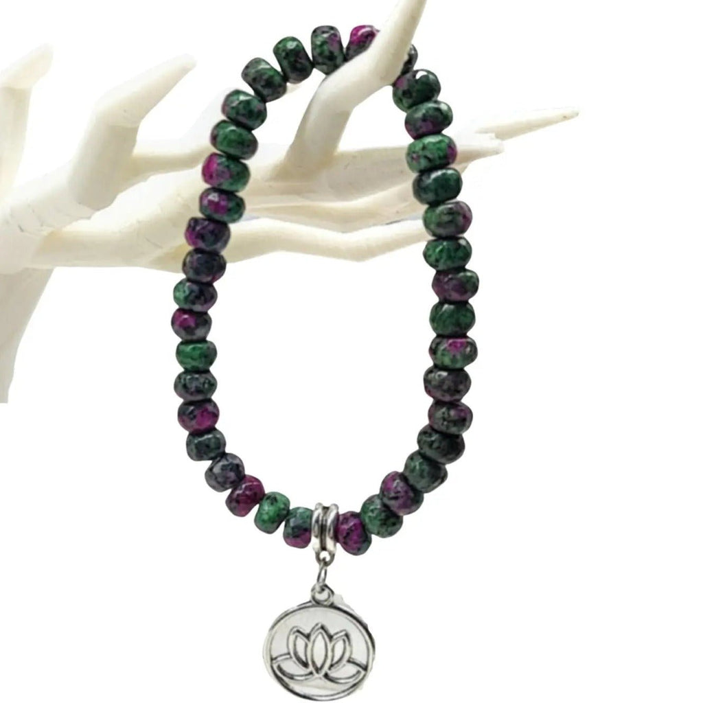 Bracelet - Ruby Zoisite - Lotus Flower Charm - Modern Hustle Marketplace