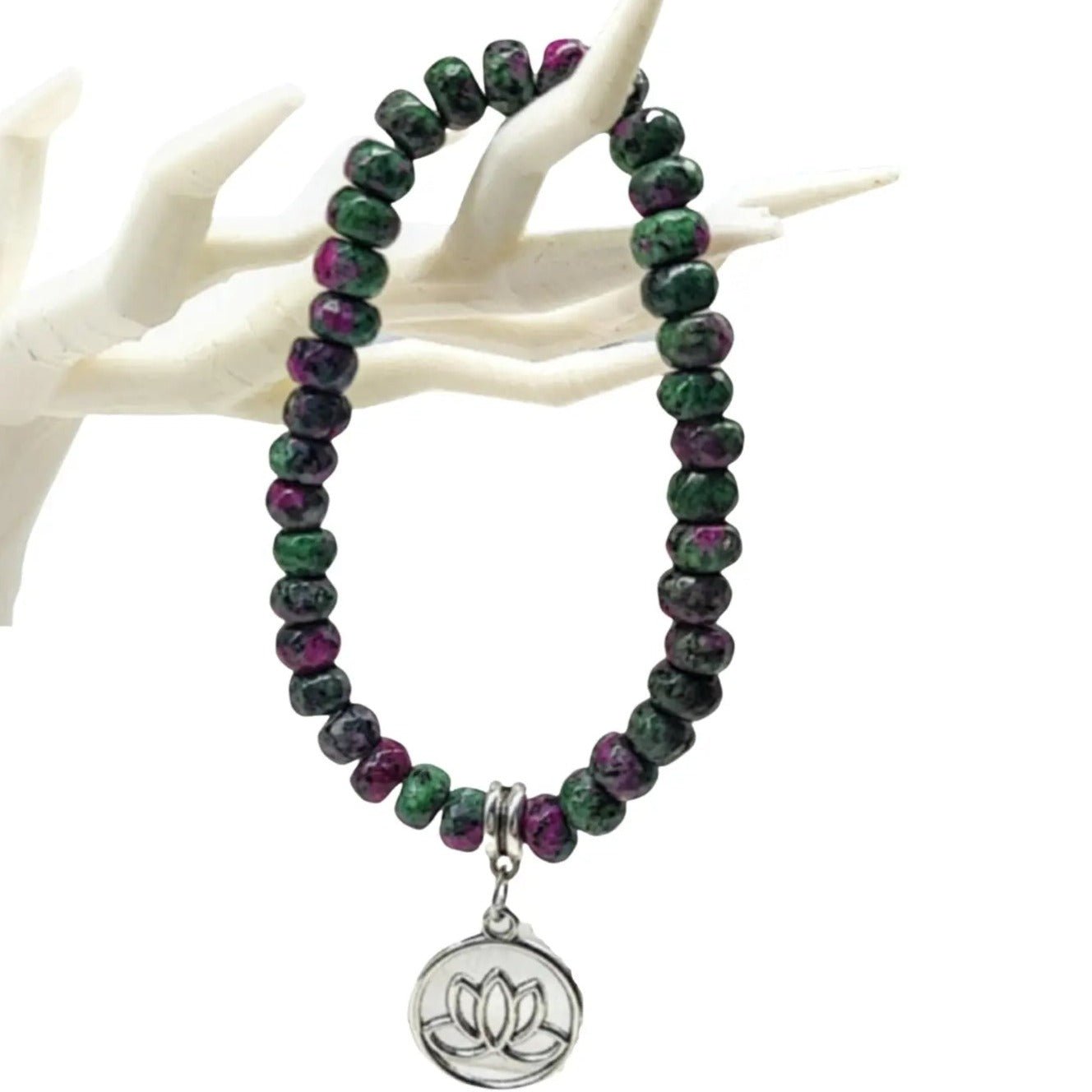 Bracelet - Ruby Zoisite - Lotus Flower Charm - Modern Hustle Marketplace