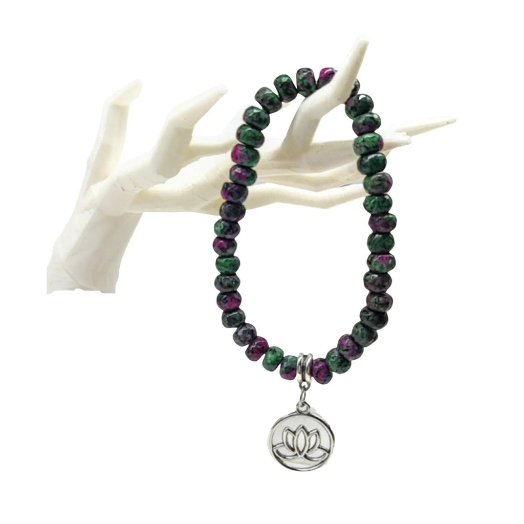 Bracelet - Ruby Zoisite - Lotus Flower Charm - Modern Hustle Marketplace