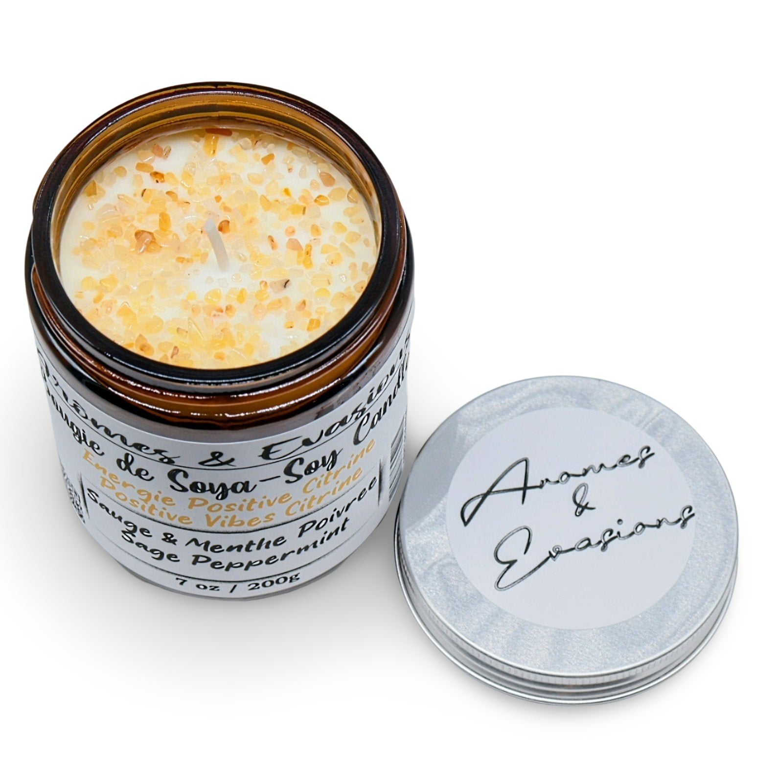 Scented Soy Candle - Positive Vibes - Clary Sage & Peppermint Essential Oils - Citrine Stones - Modern Hustle Marketplace